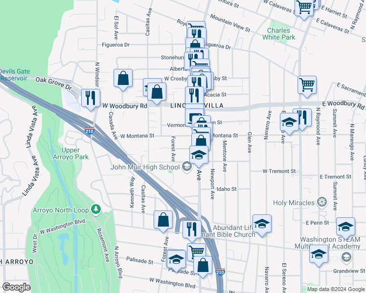 map of restaurants, bars, coffee shops, grocery stores, and more near 493 Toolen Place in Pasadena