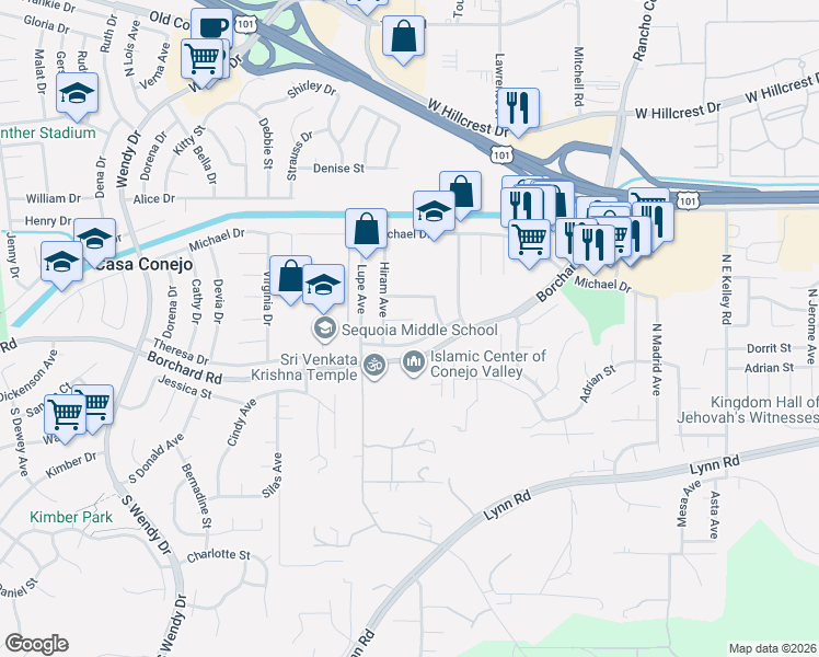 map of restaurants, bars, coffee shops, grocery stores, and more near 2684 Lander Court in Thousand Oaks