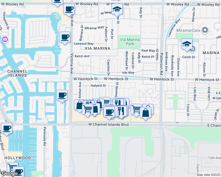 map of restaurants, bars, coffee shops, grocery stores, and more near 2633 Rudder Avenue in Port Hueneme