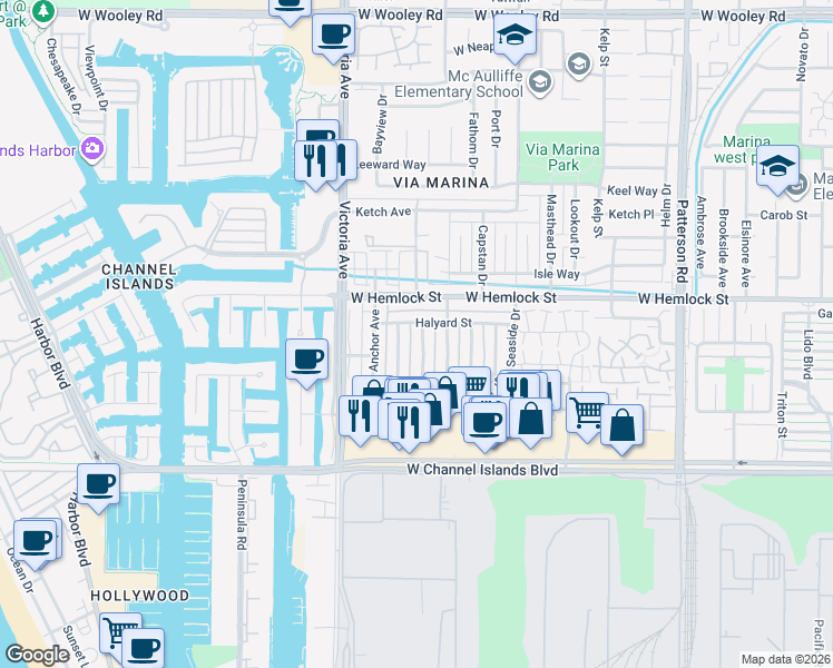 map of restaurants, bars, coffee shops, grocery stores, and more near 745 Halyard Street in Port Hueneme
