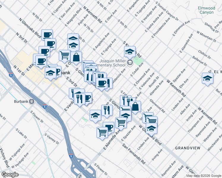 map of restaurants, bars, coffee shops, grocery stores, and more near 461 Colgin Court in Burbank