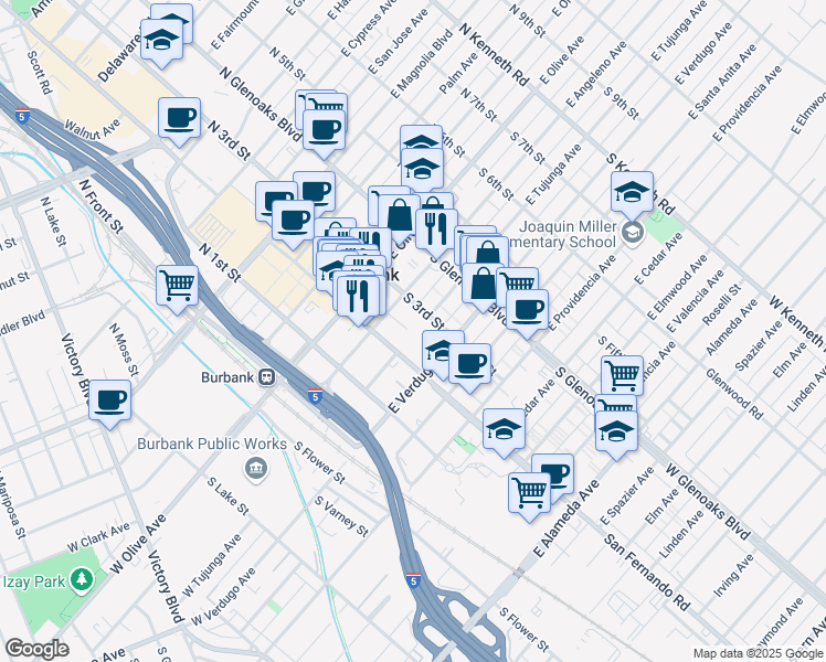 map of restaurants, bars, coffee shops, grocery stores, and more near 200 East Angeleno Avenue in Burbank
