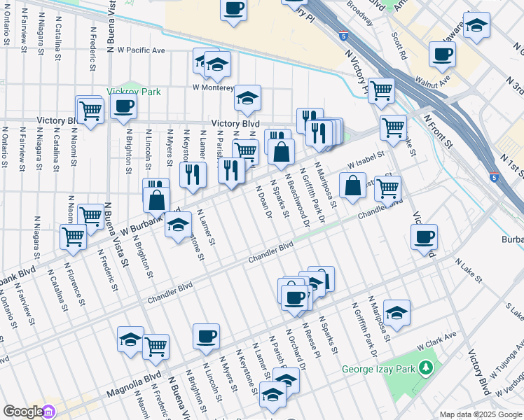 map of restaurants, bars, coffee shops, grocery stores, and more near 815 North Doan Drive in Burbank
