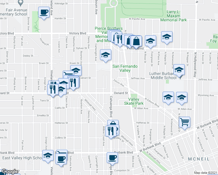 map of restaurants, bars, coffee shops, grocery stores, and more near 6037 Cahuenga Boulevard in Los Angeles