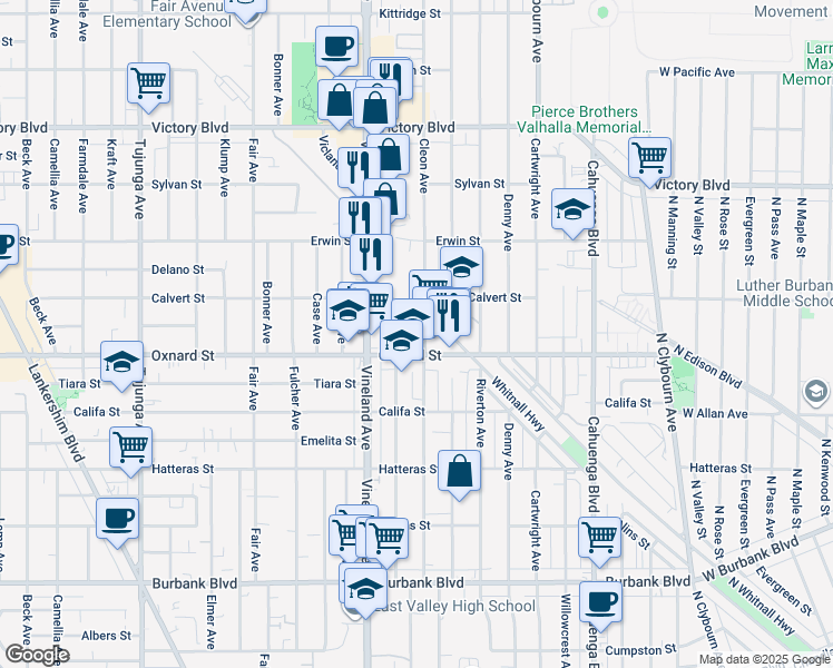 map of restaurants, bars, coffee shops, grocery stores, and more near 6029 Cleon Avenue in Los Angeles
