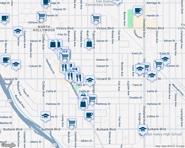 map of restaurants, bars, coffee shops, grocery stores, and more near 11426 Calvert Street in Los Angeles