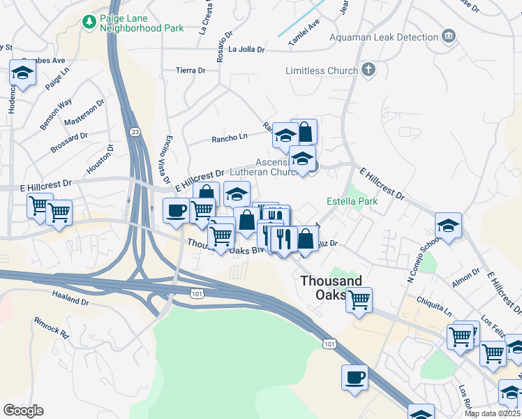 map of restaurants, bars, coffee shops, grocery stores, and more near 98 Maegan Place in Thousand Oaks
