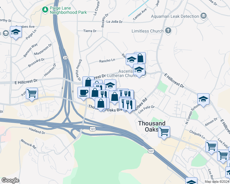map of restaurants, bars, coffee shops, grocery stores, and more near 1382 East Hillcrest Drive in Thousand Oaks