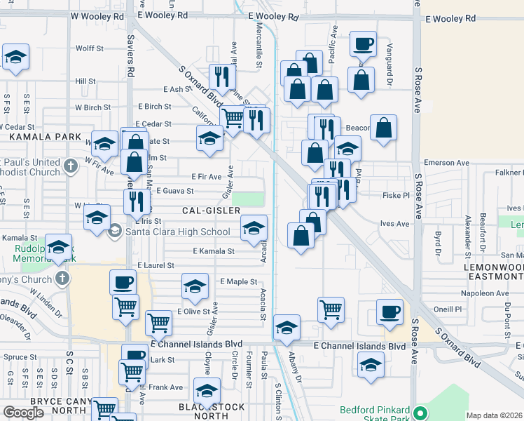 map of restaurants, bars, coffee shops, grocery stores, and more near 1928 Arcadia Street in Oxnard