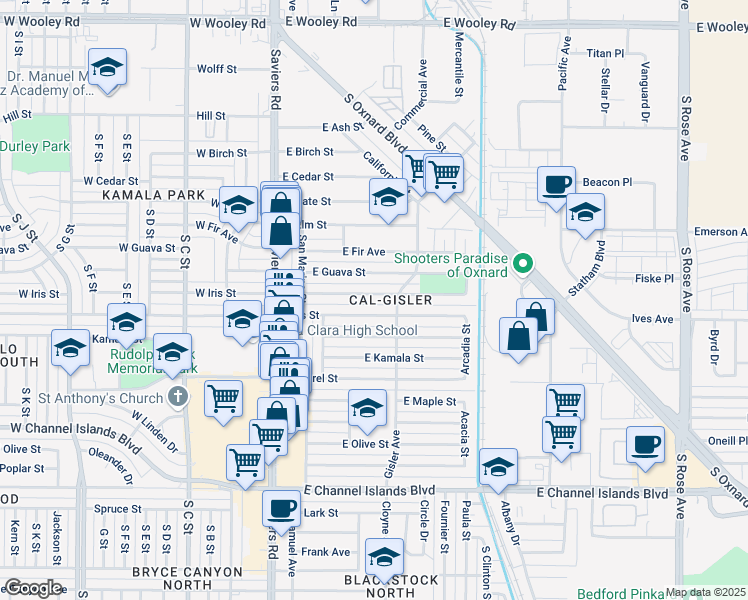 map of restaurants, bars, coffee shops, grocery stores, and more near 353 East Hemlock Street in Oxnard