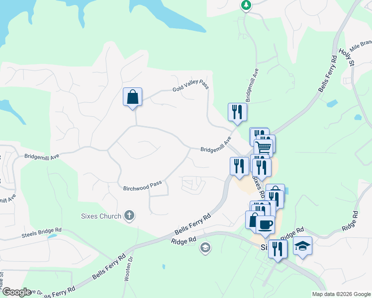 map of restaurants, bars, coffee shops, grocery stores, and more near 100 Birchwood Drive in Canton