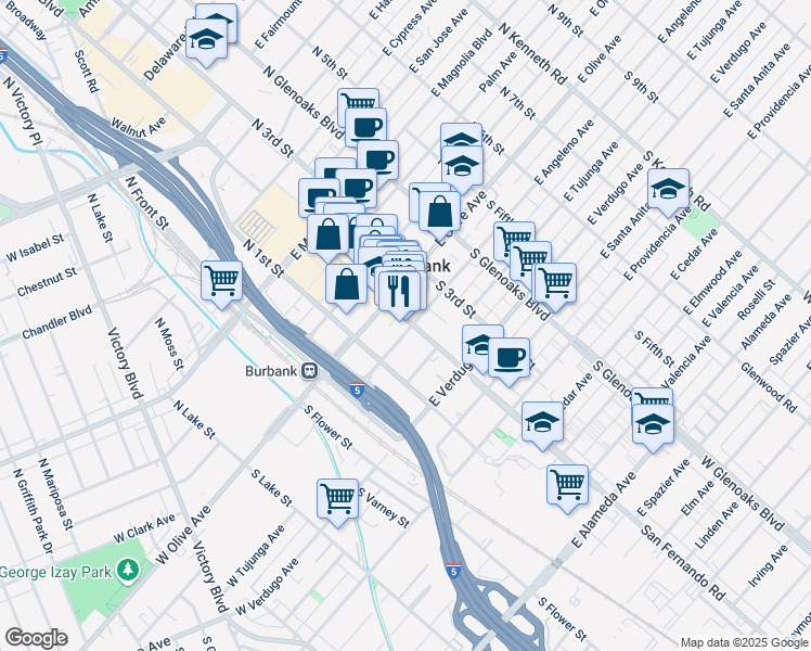 map of restaurants, bars, coffee shops, grocery stores, and more near 150 South San Fernando Boulevard in Burbank