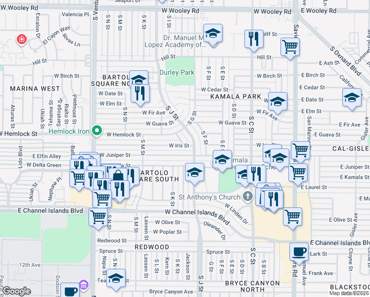 map of restaurants, bars, coffee shops, grocery stores, and more near 2048 South K Street in Oxnard