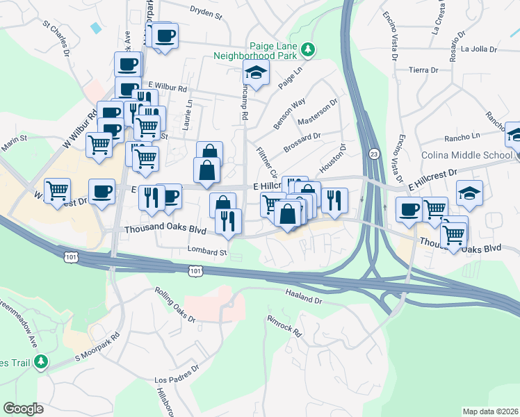 map of restaurants, bars, coffee shops, grocery stores, and more near 174 Flittner Circle in Thousand Oaks