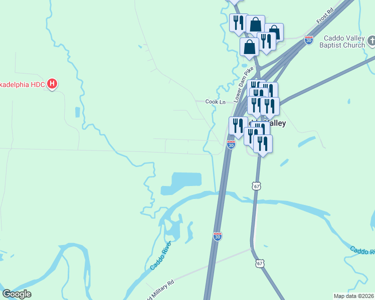 map of restaurants, bars, coffee shops, grocery stores, and more near 111 Madden Lane in Caddo Valley