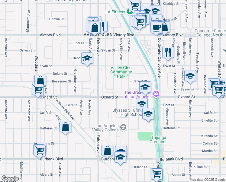 map of restaurants, bars, coffee shops, grocery stores, and more near Atoll Avenue in Los Angeles