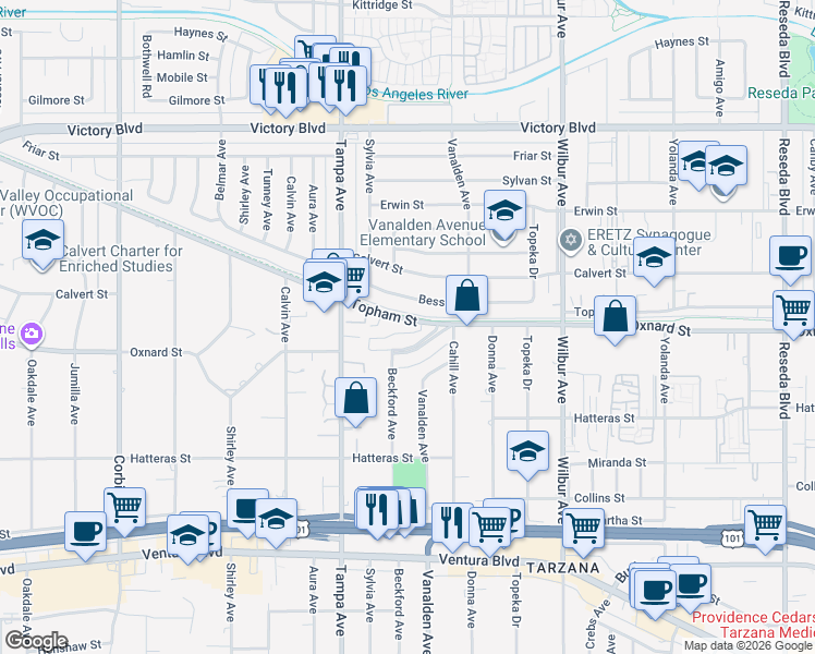 map of restaurants, bars, coffee shops, grocery stores, and more near 19158 Topham Street in Los Angeles