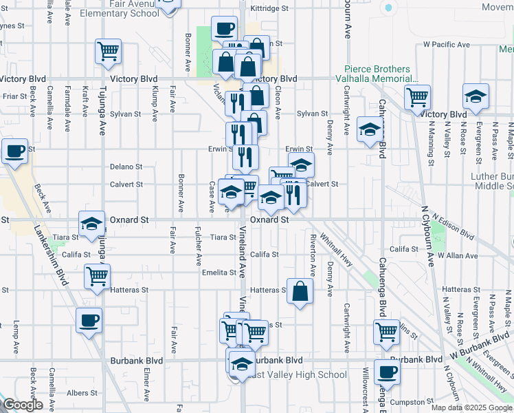 map of restaurants, bars, coffee shops, grocery stores, and more near 6025 Craner Avenue in Los Angeles