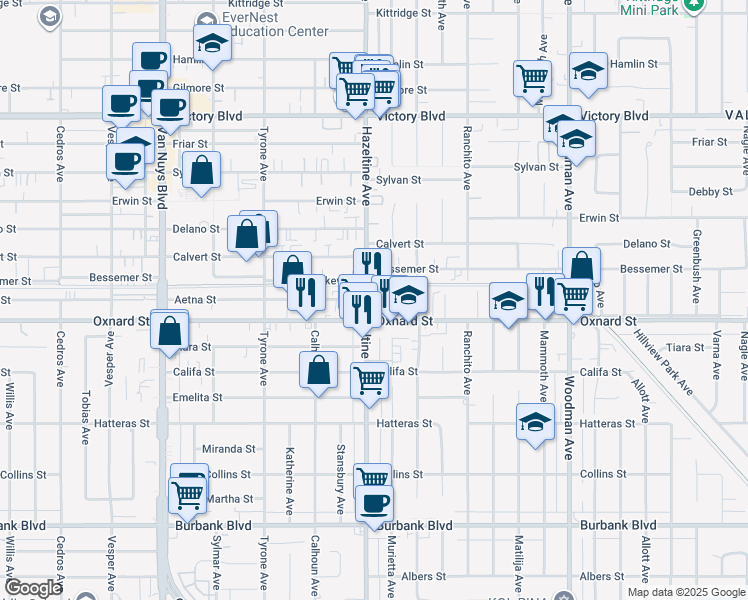 map of restaurants, bars, coffee shops, grocery stores, and more near 6024 Hazeltine Avenue in Los Angeles