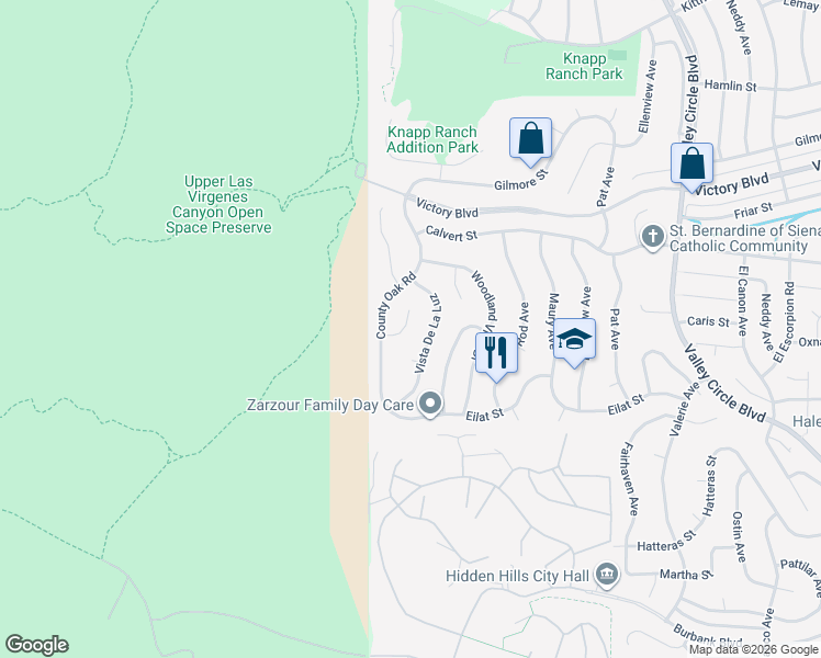map of restaurants, bars, coffee shops, grocery stores, and more near 24926 Vista Verenda in Los Angeles