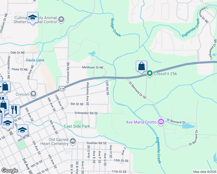 map of restaurants, bars, coffee shops, grocery stores, and more near 311 Cliff Road Southeast in Cullman