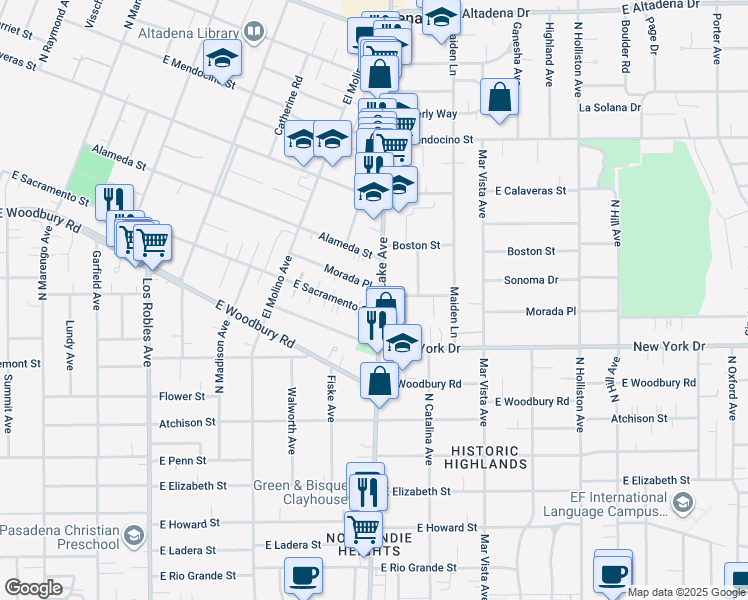 map of restaurants, bars, coffee shops, grocery stores, and more near 1997 Lake Avenue in Altadena
