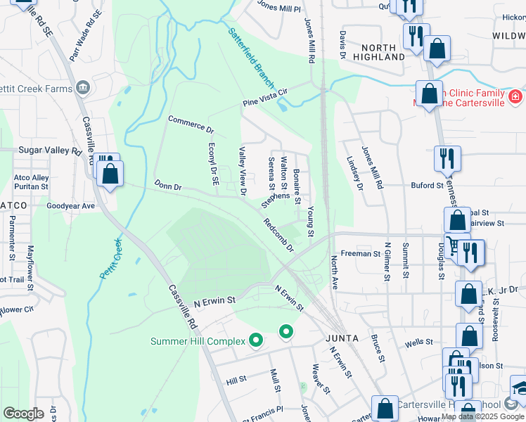 map of restaurants, bars, coffee shops, grocery stores, and more near 103 Redcomb Drive in Cartersville