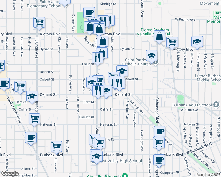 map of restaurants, bars, coffee shops, grocery stores, and more near 6025 Cleon Avenue in Los Angeles