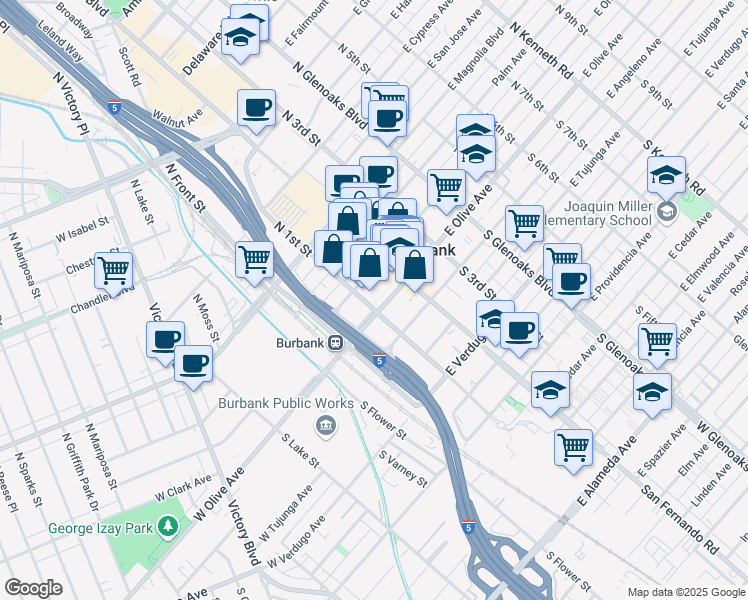 map of restaurants, bars, coffee shops, grocery stores, and more near 112 North San Fernando Boulevard in Burbank
