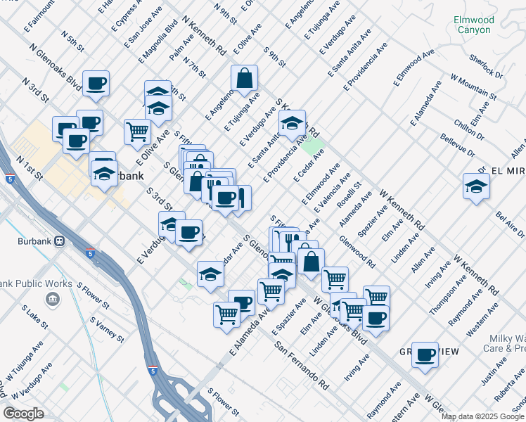 map of restaurants, bars, coffee shops, grocery stores, and more near 437 East Cedar Avenue in Burbank