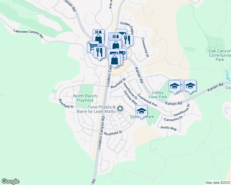 map of restaurants, bars, coffee shops, grocery stores, and more near 4858 Aliano Drive in Oak Park