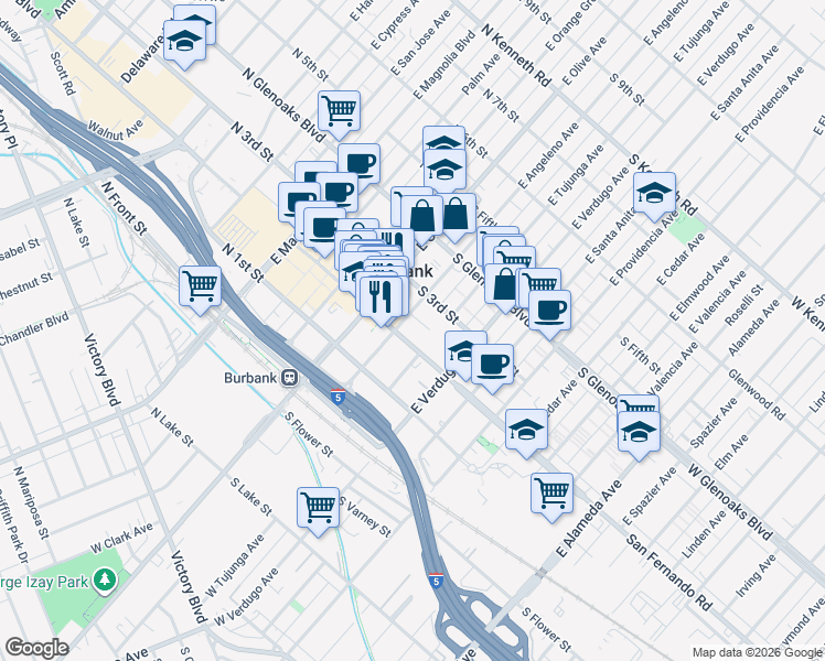 map of restaurants, bars, coffee shops, grocery stores, and more near 250 South San Fernando Boulevard in Burbank
