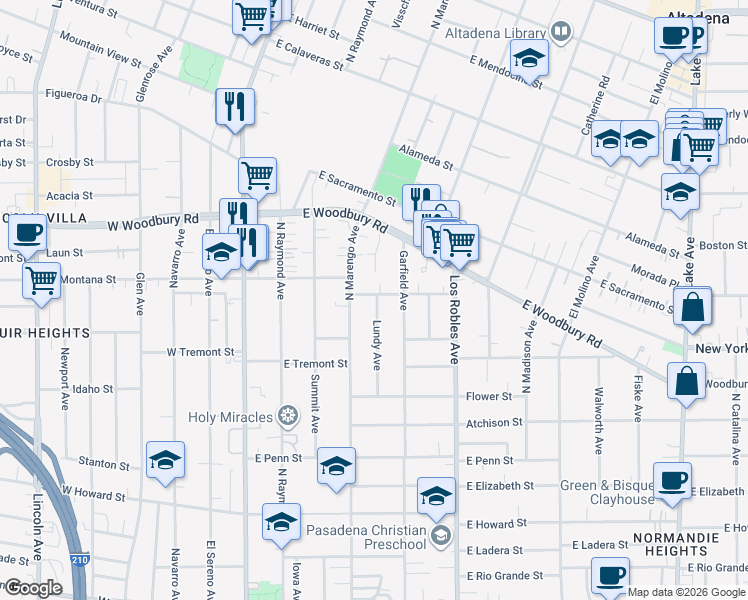 map of restaurants, bars, coffee shops, grocery stores, and more near 268 East Montana Street in Pasadena