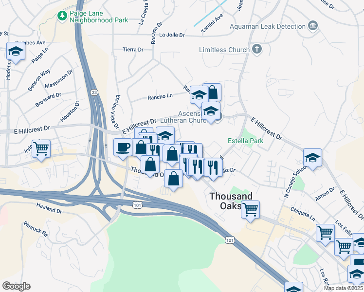 map of restaurants, bars, coffee shops, grocery stores, and more near 104 Maegan Place in Thousand Oaks