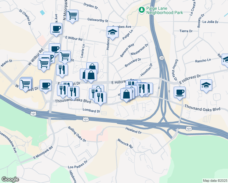 map of restaurants, bars, coffee shops, grocery stores, and more near 174 Flittner Circle in Thousand Oaks