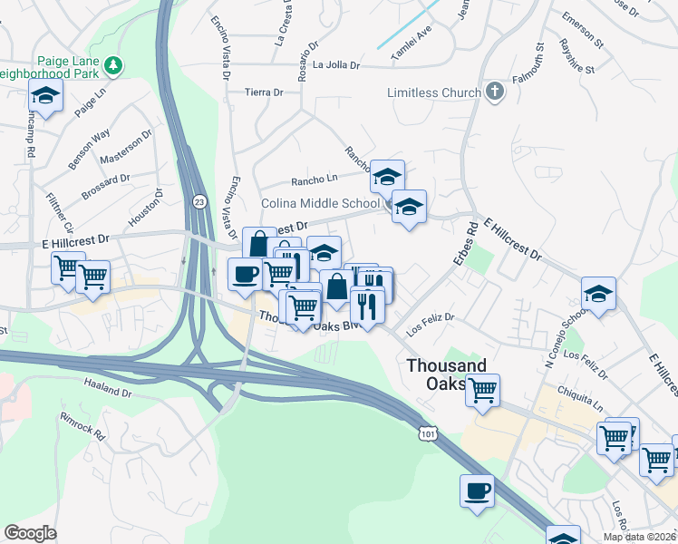 map of restaurants, bars, coffee shops, grocery stores, and more near 128 Maegan Place in Thousand Oaks