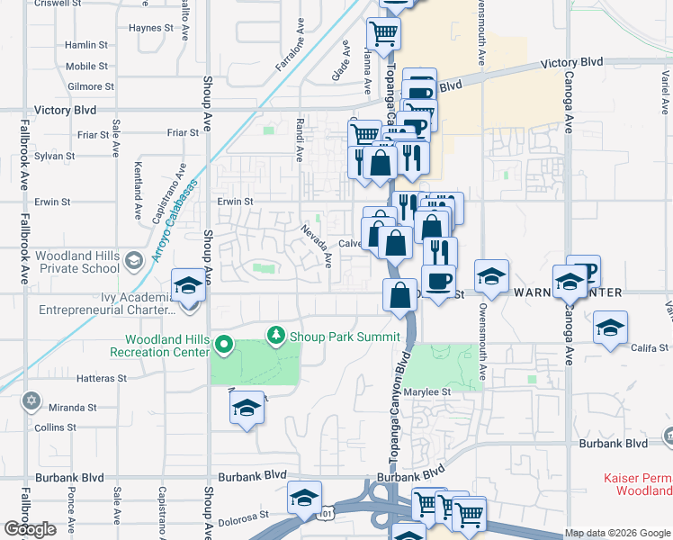 map of restaurants, bars, coffee shops, grocery stores, and more near 6030 Nevada Avenue in Los Angeles