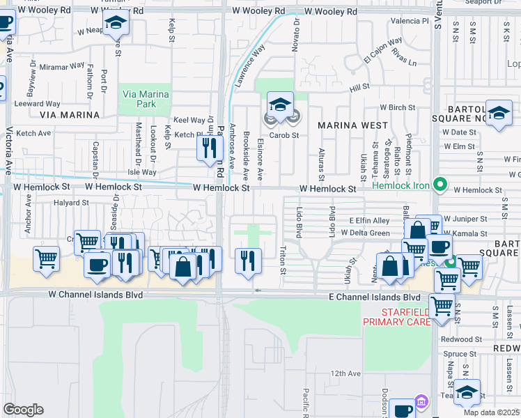 map of restaurants, bars, coffee shops, grocery stores, and more near 2754 Bolker Drive in Port Hueneme