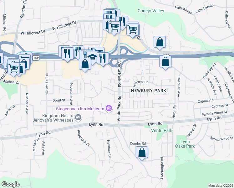 map of restaurants, bars, coffee shops, grocery stores, and more near 1457 Ramona Drive in Thousand Oaks