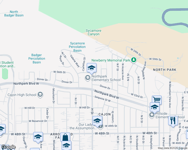 map of restaurants, bars, coffee shops, grocery stores, and more near 5576 North Crescent Street in San Bernardino