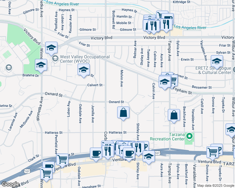 map of restaurants, bars, coffee shops, grocery stores, and more near 6034 Melvin Avenue in Los Angeles