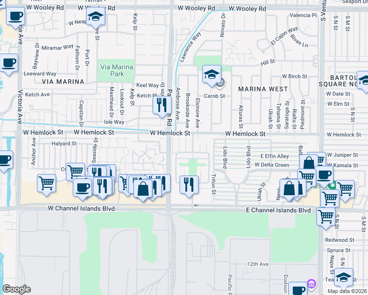 map of restaurants, bars, coffee shops, grocery stores, and more near 2765 Bolker Drive in Port Hueneme