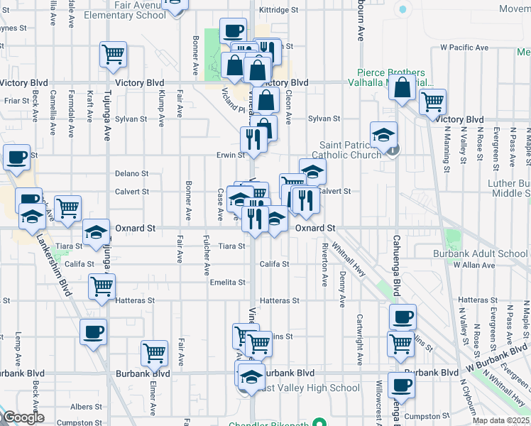 map of restaurants, bars, coffee shops, grocery stores, and more near 6025 Craner Avenue in Los Angeles