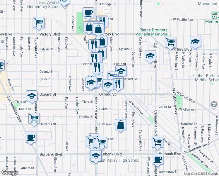 map of restaurants, bars, coffee shops, grocery stores, and more near 6025 Cleon Avenue in Los Angeles