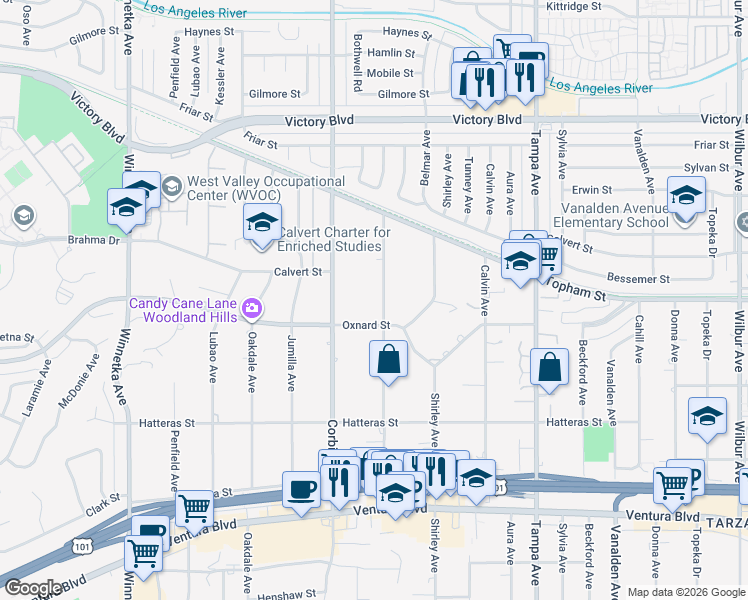 map of restaurants, bars, coffee shops, grocery stores, and more near 6029 Melvin Avenue in Los Angeles