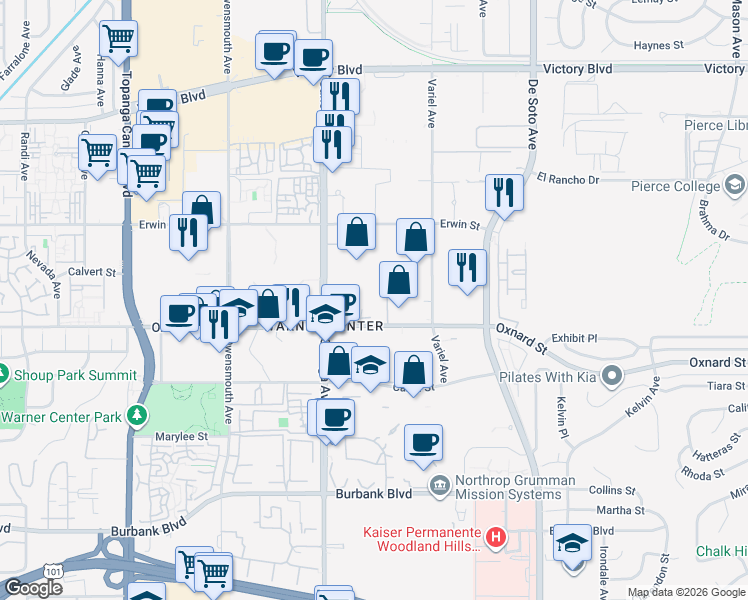 map of restaurants, bars, coffee shops, grocery stores, and more near 21221 Oxnard Street in Los Angeles