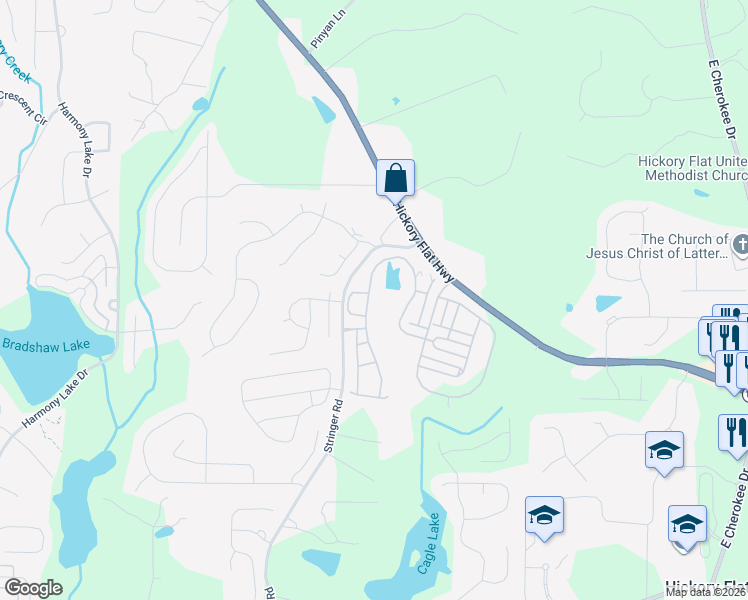 map of restaurants, bars, coffee shops, grocery stores, and more near 5312 Hickory Flat Highway in Canton