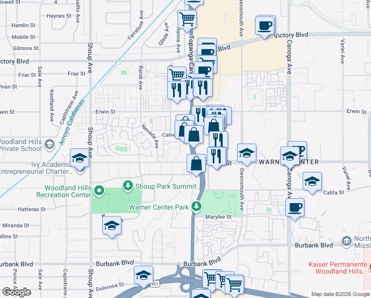 map of restaurants, bars, coffee shops, grocery stores, and more near 6041 California 27 in Los Angeles