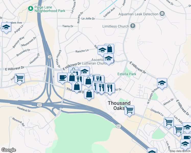 map of restaurants, bars, coffee shops, grocery stores, and more near 98 Maegan Place in Thousand Oaks