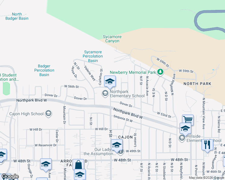 map of restaurants, bars, coffee shops, grocery stores, and more near 5576 North Crescent Street in San Bernardino